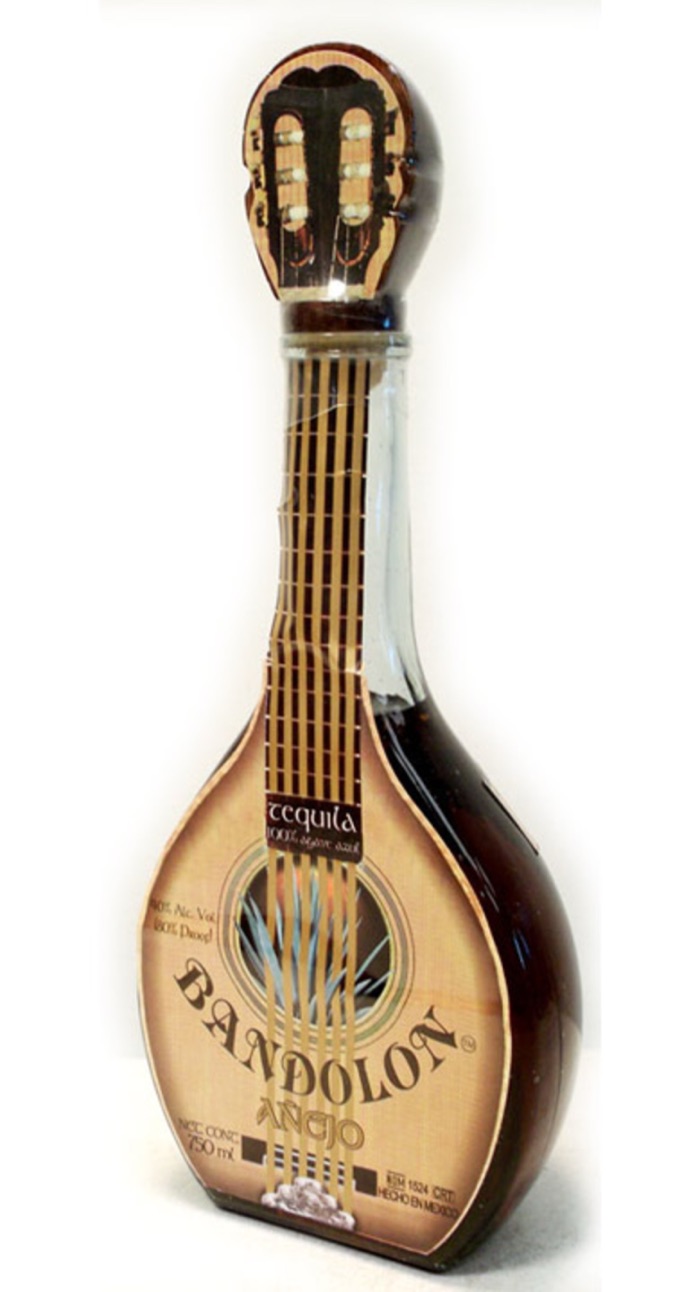 Bandolón Añejo tequila in its signature mandolin-shaped bottle, NOM 1524